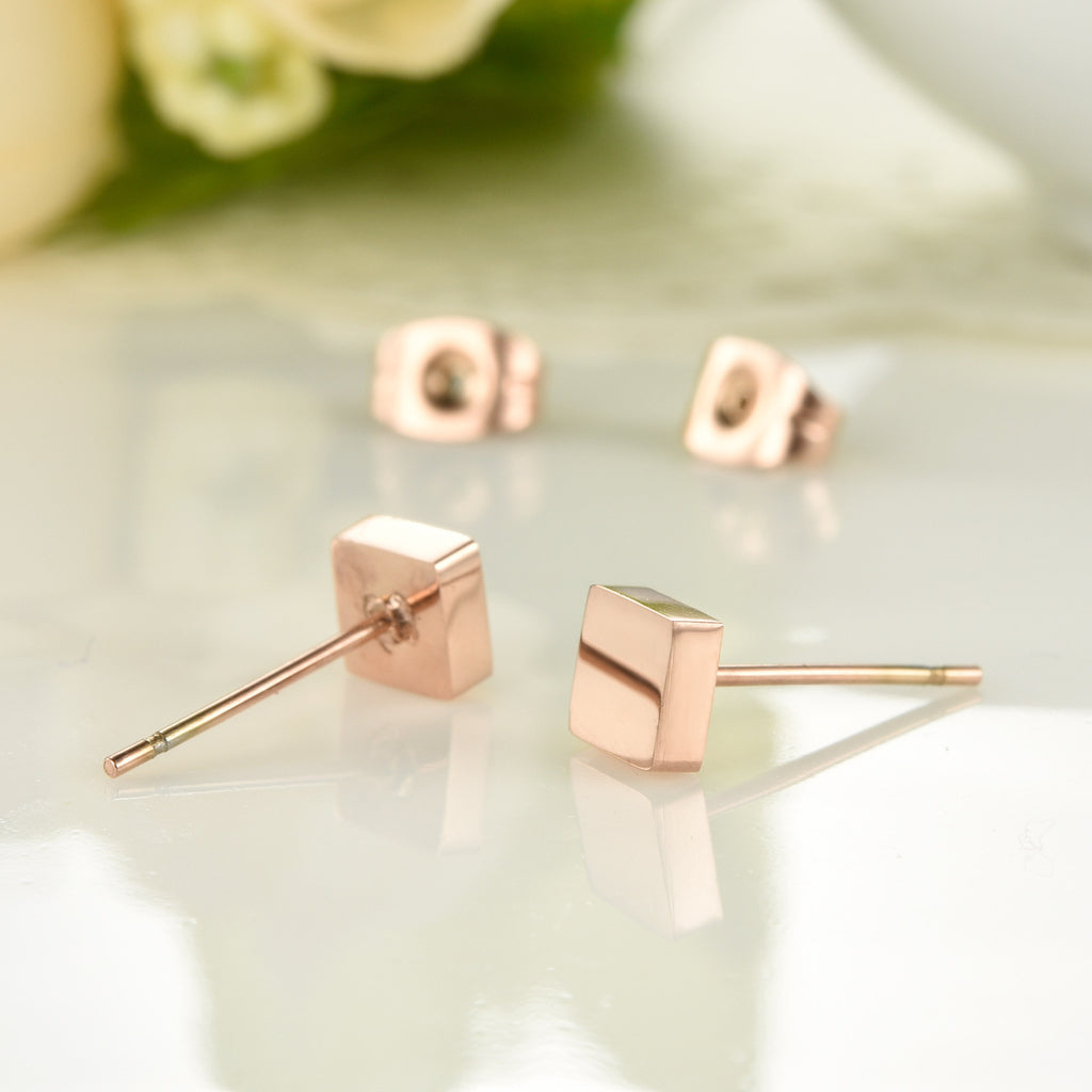 Women's Champagne Gold Titanium Steel Earrings Glossy Small Square Stud Earrings