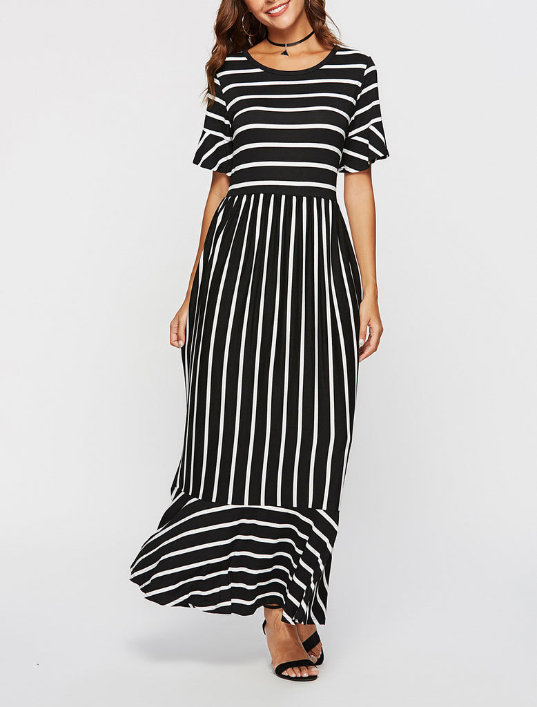 Women Fashion Short Sleeve Striped Dress