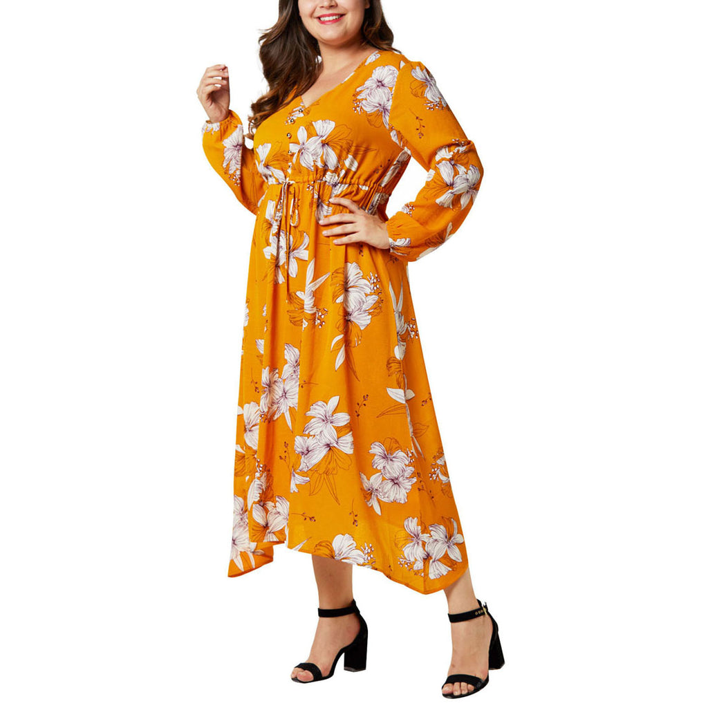 Large Size Women's Chiffon Print Dress Lantern Sleeve High Waist Irregular Large Swing Fat Mm Dress