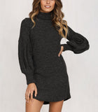 Fashion High Collar Lantern Sleeve Sweater Dress