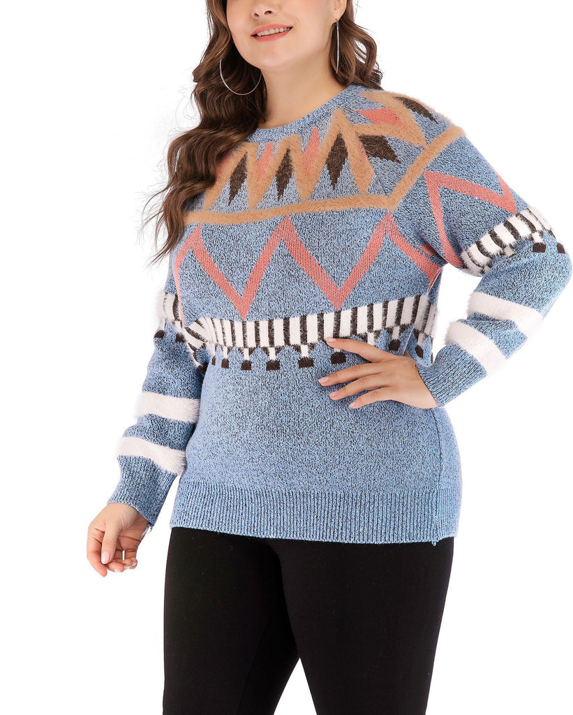 Large Size Women's Shirt Round Neck Print Sweater