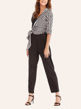 Sexy V-neck Cropped Sleeves Striped Stitching Lace-up Jumpsuit