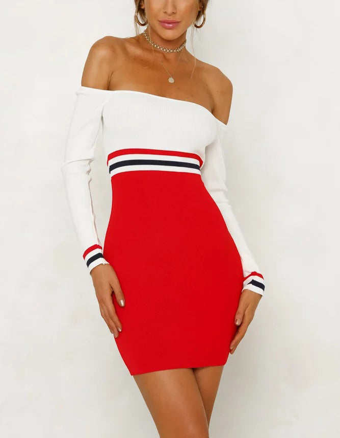 Sexy Word Collar Off-shoulder Long-sleeved Slim Bag Hip Color Dress