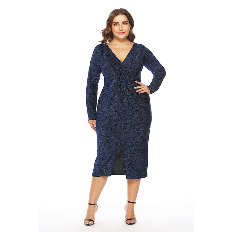 Autumn and Winter Plus Size Fat Mm Large Size Women's V-neck Dress