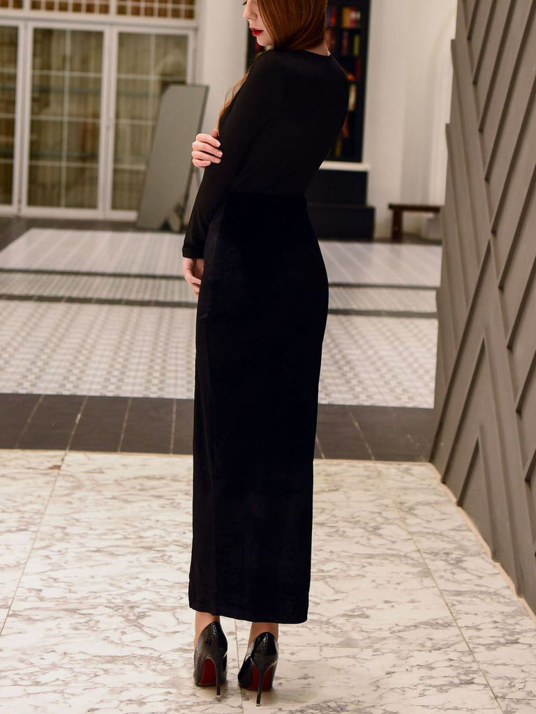 Women's Dress Evening Dress Solid Color Long-sleeved V-neck Split Fork Large Size Women's Clothing