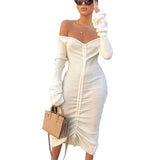 Off-the-shoulder Long-sleeved Long Solid Color Drawstring Autumn and Winter Women's Dress