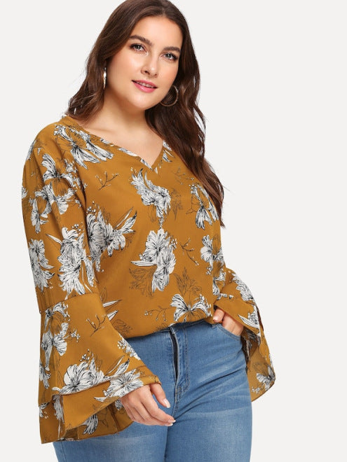 Large Size Women's Print V-neck Fat Sister Double Bell Sleeves Loose Shirt