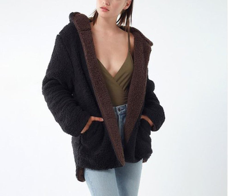 Solid Color Wool Hooded Fleece Jacket