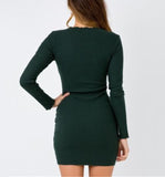 Sexy Deep V Button Contrast Color Long Sleeve Tight-fitting Hip Dress