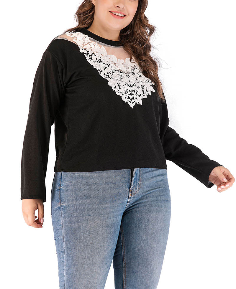 Round Neck Long Sleeve Lace Crochet Stitching T-shirt