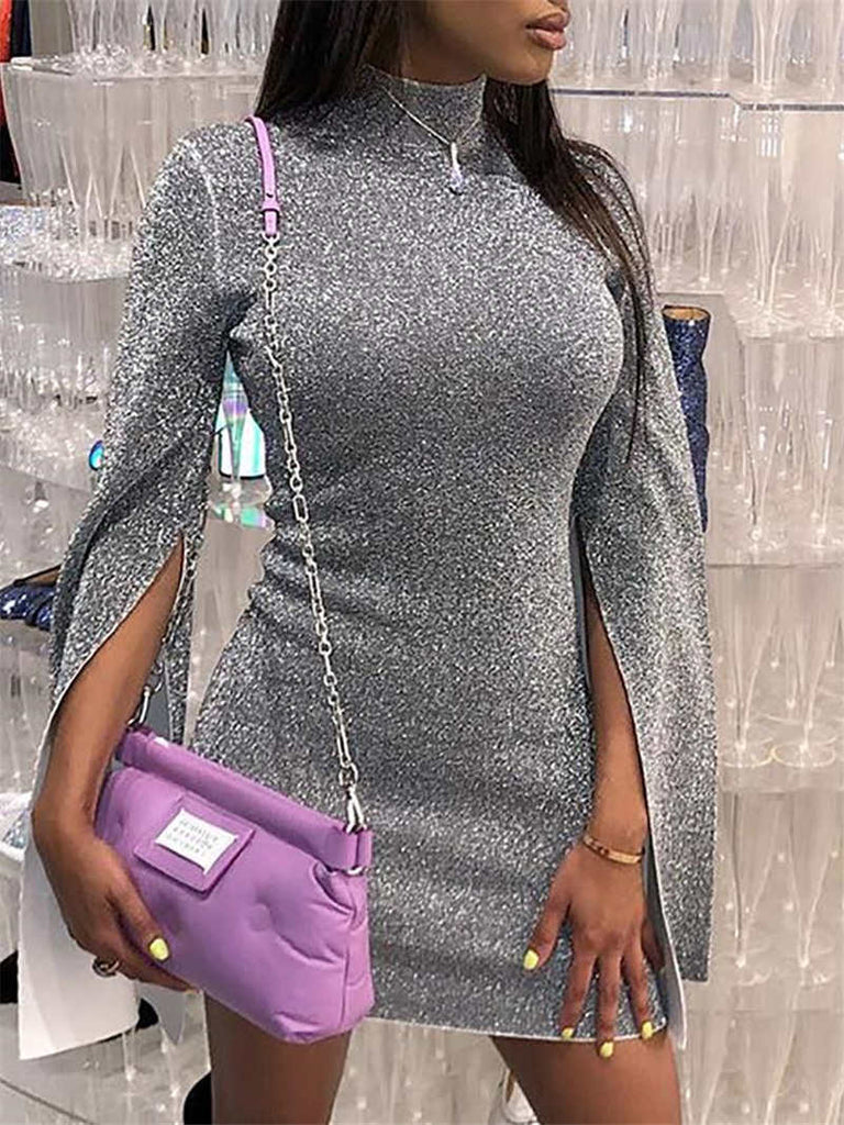 Women's High Collar Split Long-sleeved Step Skirt Sexy Nightclub Bright Crystal Dress