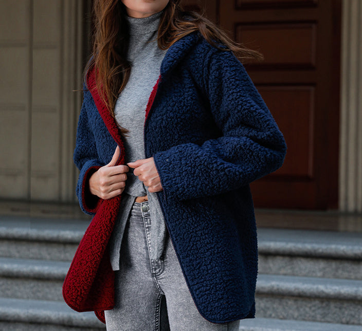 Solid Color Wool Hooded Fleece Jacket