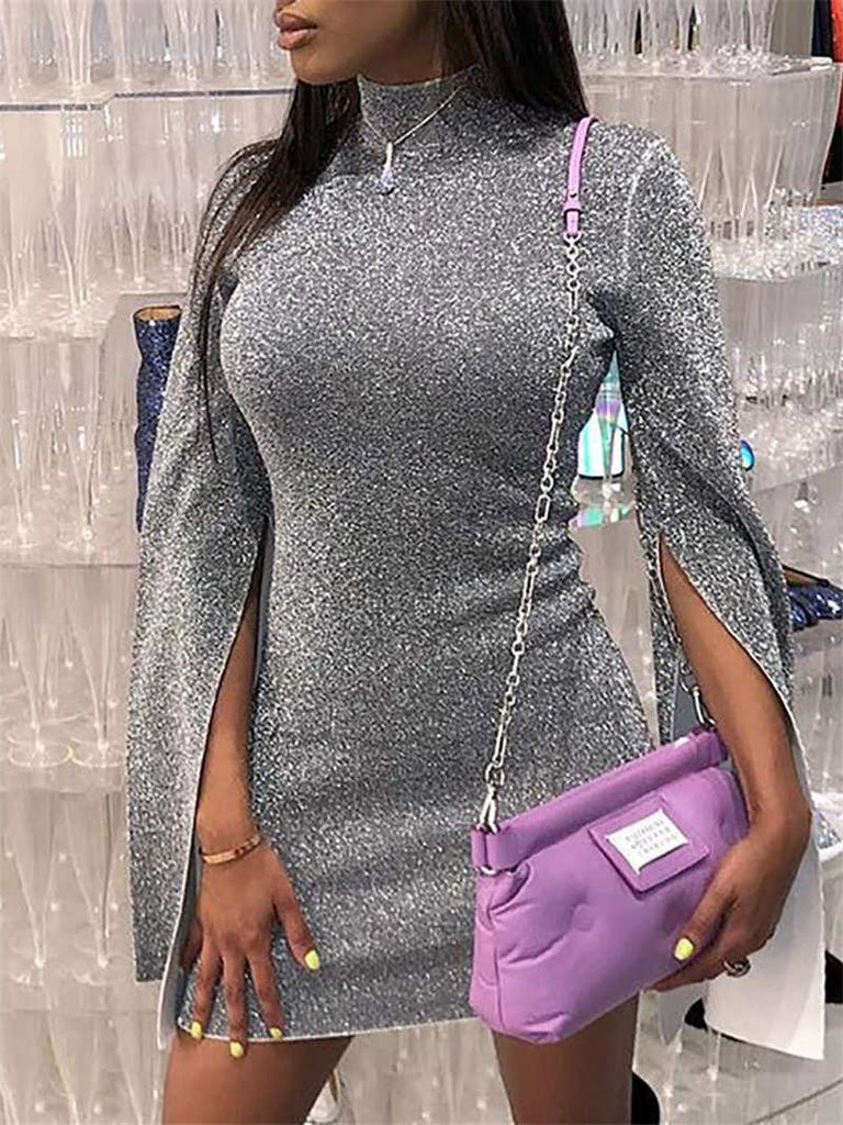 Women's High Collar Split Long-sleeved Step Skirt Sexy Nightclub Bright Crystal Dress