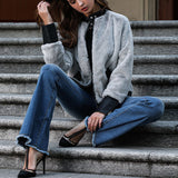 Original Design Women's Long-sleeved PU Leather Stitching Plush Jacket Thick Coat