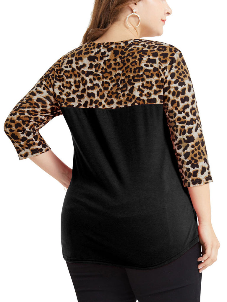 Plus Size Leopard Stitching Seven-point Sleeve Fat Mm Large Size Women's T-shirt