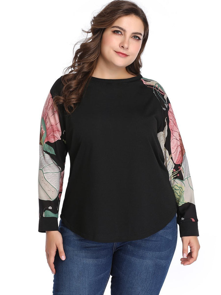 Large Size Women's Stitching Print Contrast Shirt