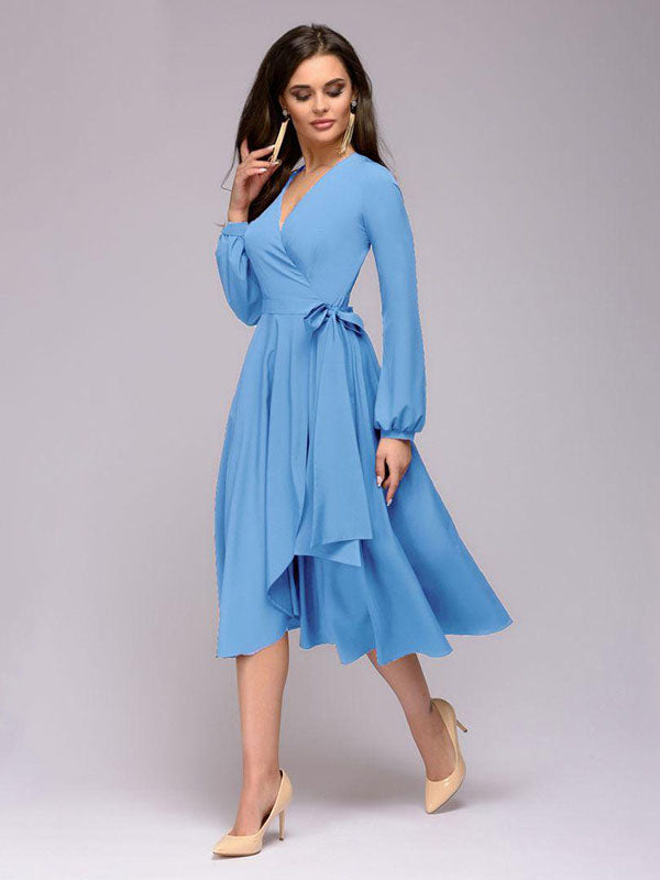 Spring and Autumn A-style Elegant Long Lantern Sleeves V-neck Sexy Casual Solid Color Women's Dress