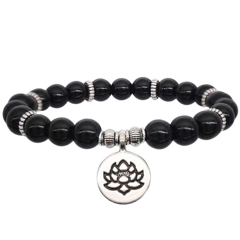 Natural Stone Indian Agate Powder Crystal Lotus Pendant Handmade Beaded Elastic Rope Bracelet
