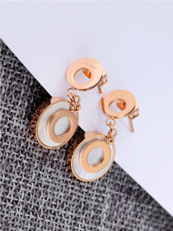 Rose Gold White Shell Double Ring Circle Earrings LOVE Earrings