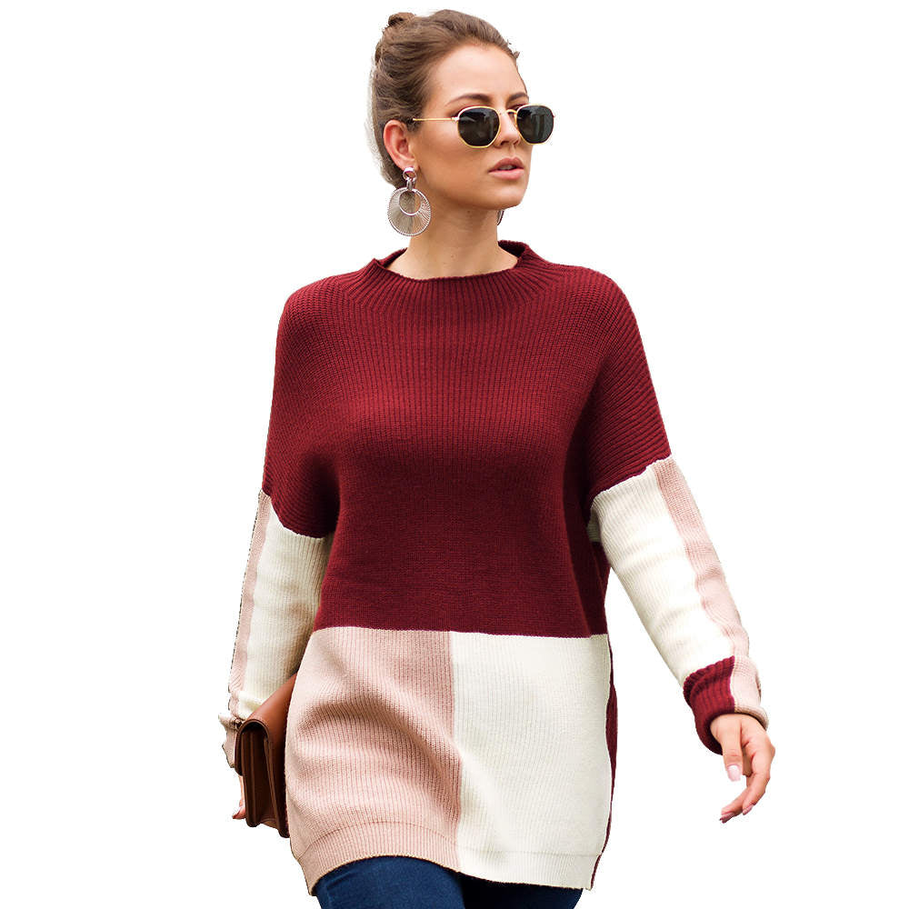 Autumn and Winter New Sweater Three-color Stitching Loose Lazy Wind Sweater Women's Clothing