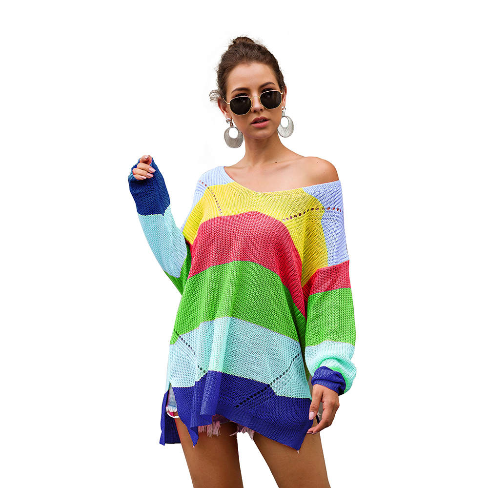 Autumn and Winter Sweaters New Rainbow Color Matching Loose Long Sleeve Pullover Sweater Women