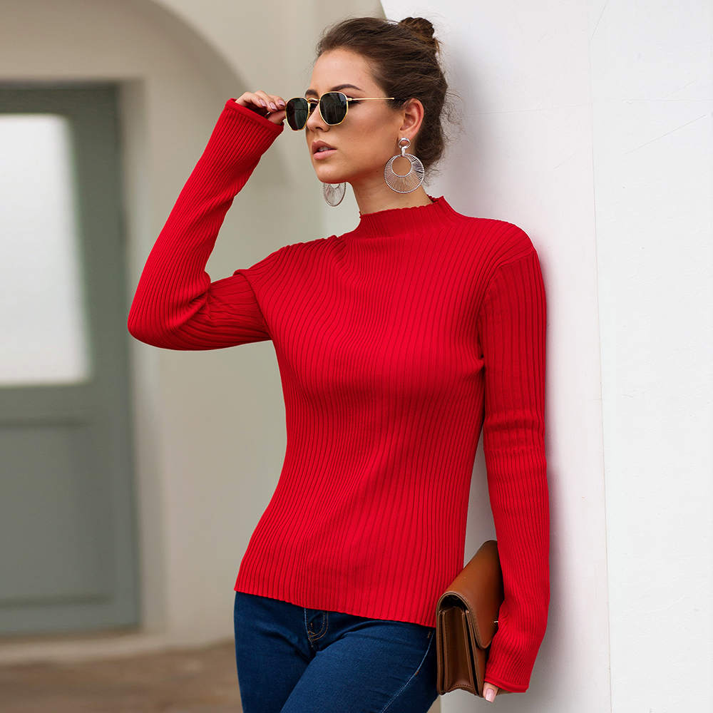 Autumn and Winter Women's Four-color Slim Temperament Half-high Collar Sweater Top