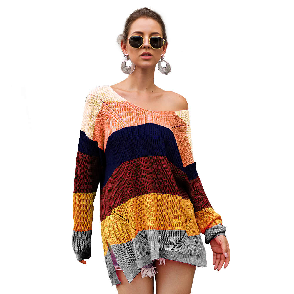 Autumn and Winter Sweaters New Rainbow Color Matching Loose Long Sleeve Pullover Sweater Women