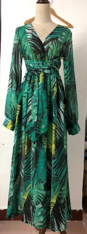 Lantern Sleeve V-neck Green Leaf Print Dress
