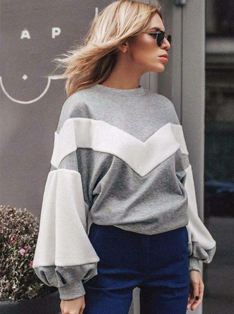 Round Neck Color Matching Lantern Sleeves Loose Sweater