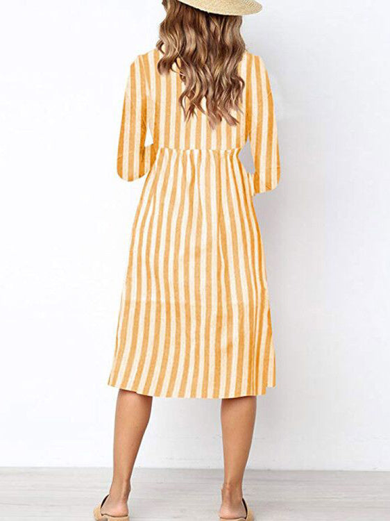 V-neck Long Sleeve Striped Pocket Dress