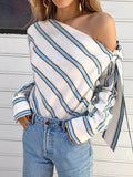 Sexy Cross-Shoulder Strapless Striped Long Sleeve Shirt