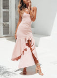 Sexy Ruffled Side with A Split-toked Solid Color Dress