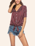 Summer V-neck Striped Lace-up Short-sleeved Shirt