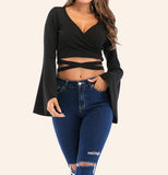 Trumpet Sleeve Sexy Lace Up Long Sleeve T-Shirt