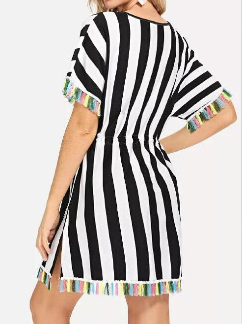 Round Neck Short Sleeve Striped Color Tassel Dress