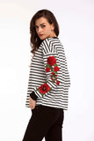 Autumn Women's T-shirt New Round Neck Long-sleeved Striped Embroidered T-shirt