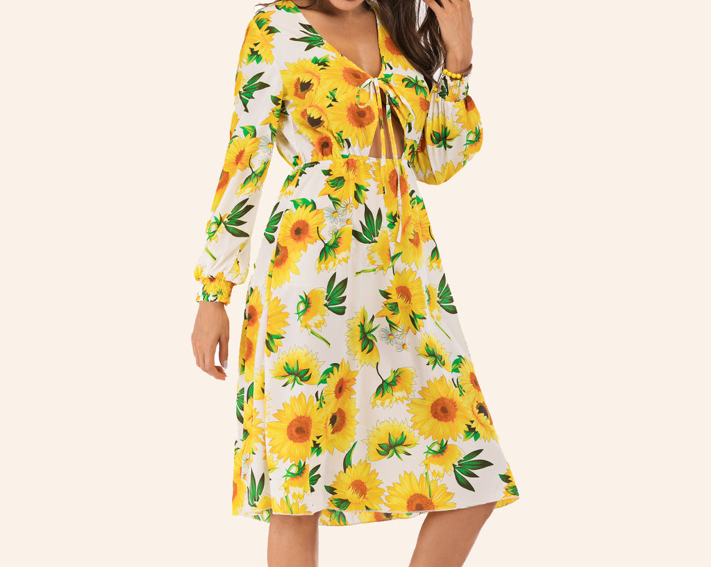 V-neck Lace-up Belly Long-sleeved Sun Flower Dress