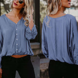 Sexy V-neck Simple Solid Color Single-breasted Long-sleeved Shirt T-shirt