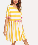 Round Neck Short Sleeve Striped Fringe Dress