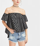 Sexy Word Collar Drop Female Summer Striped Blouses