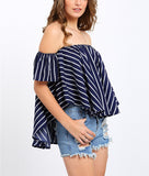 Sexy Word Collar Drop Female Summer Striped Blouses