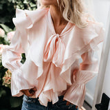 Solid Color Butterfly Ruffle Stitching Long Sleeve Shirt