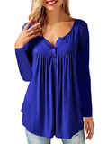 Pleated Button Loose Solid Color Women's V-Neck Long Sleeve T-Shirt