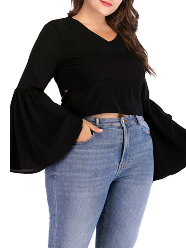 Large Size Women's V-neck Long-sleeved Solid Color Trumpet Sleeve Short T-shirt