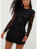 Round Neck Sequined Hip Long Sleeve Dress