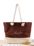 Canvas Embroidered Letter Shoulder Straw Bag Summer Vacation Beach Casual Weaving Handbag