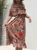 One-shoulder Wrapped Chest Ruffled Chiffon Print Dress