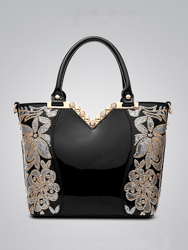 Fashion Black Embroidered Leather Shoulder Bag