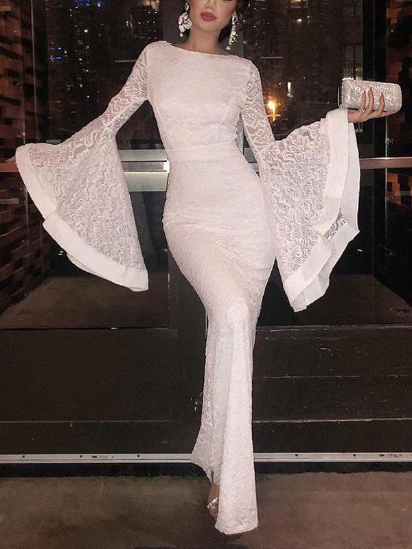 Special Bell Sleeve White Lace Evening Dress