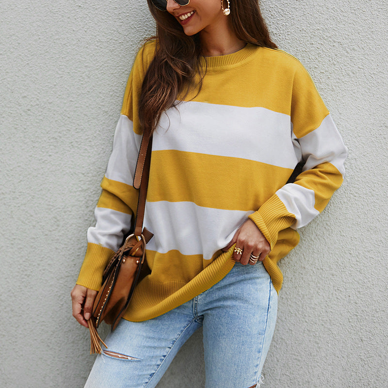 Knitted Stitching Striped Simple Loose Sweater
